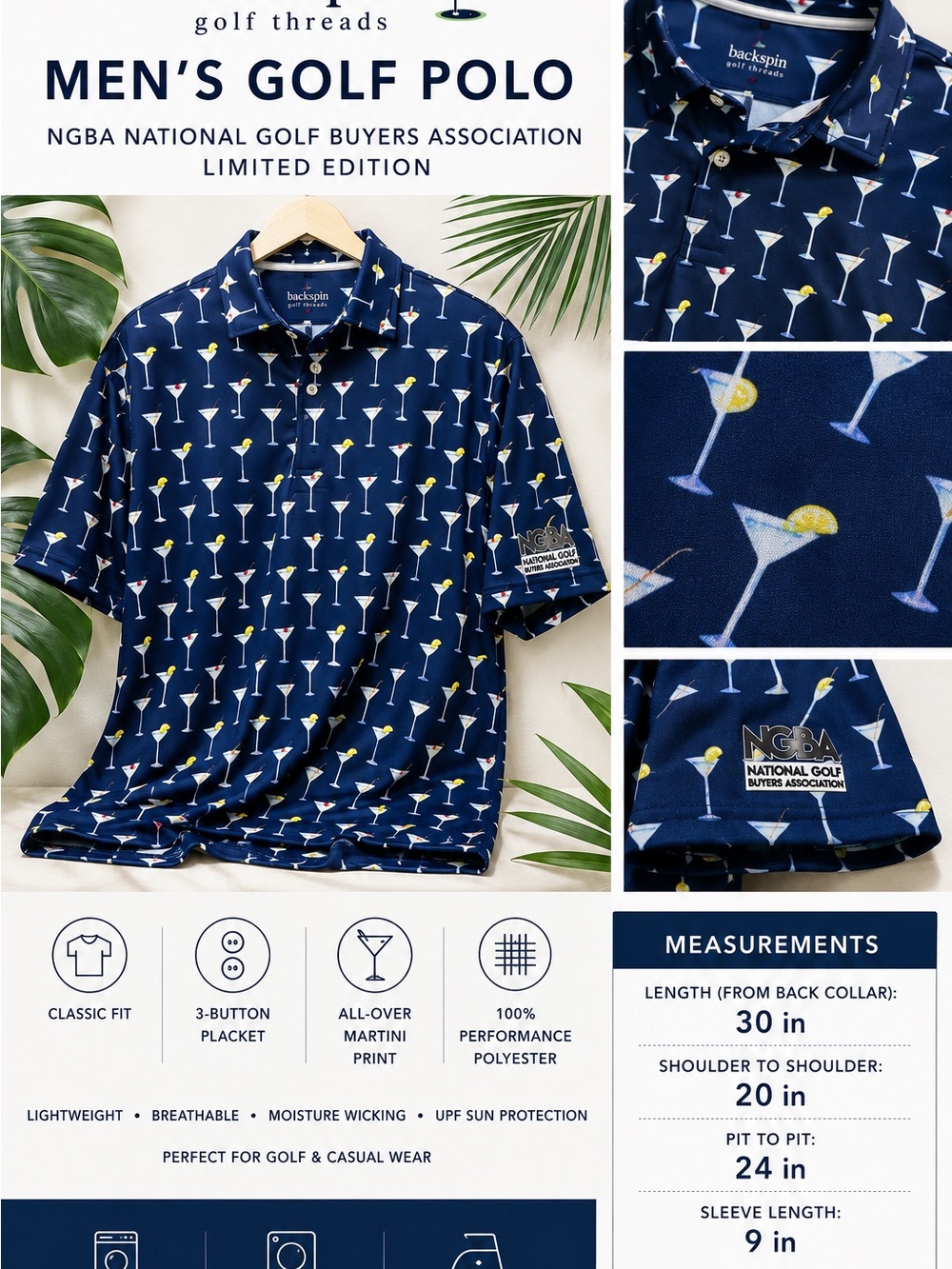 Men’s Navy Martini-Print Golf Polo- Backspin Golf Threads